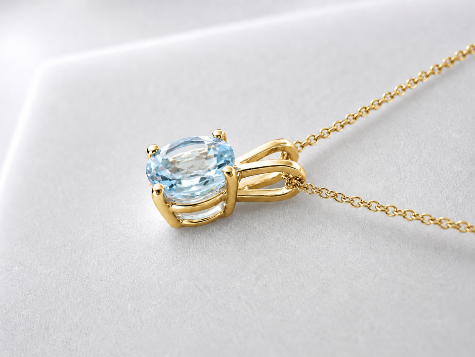 1.70 Carat Aquamarine Solitaire Pendant Necklace 14K Yellow Gold Handmade Certified