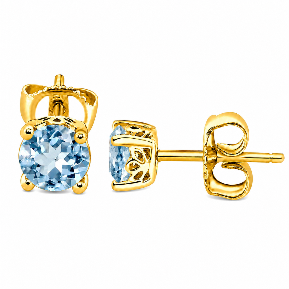 1 Carat Aquamarine Stud Earrings 14K Yellow Gold Or White Gold Handmade Gallery Designs Birthstone