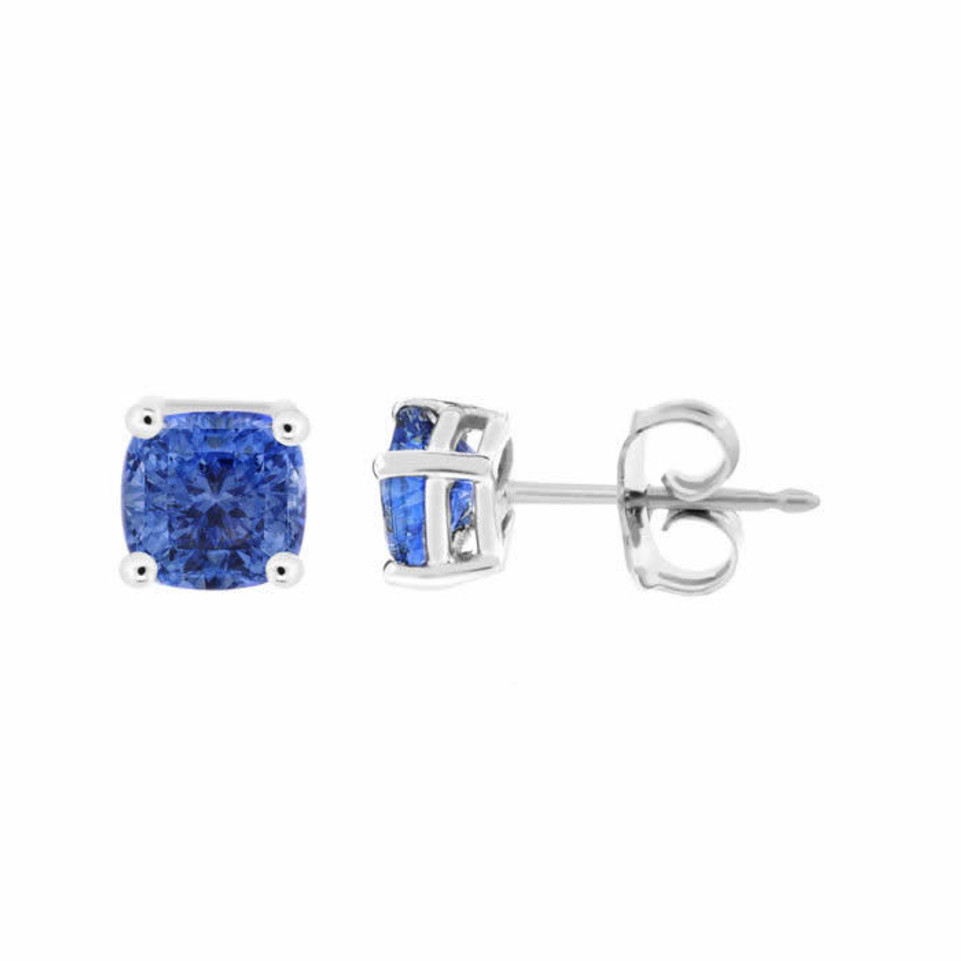 1.38 Carat Cushion Cut Ceylon Blue Sapphire Stud Earrings 14k White Gold Handmade
