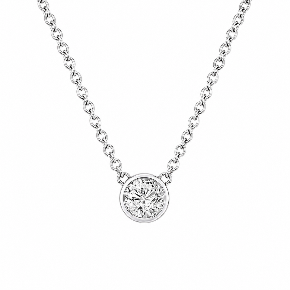 Platinum Solitaire Diamond Pendant Necklace GIA Certificate Low Bezel Set 0.50 Carat Certified Handmade 