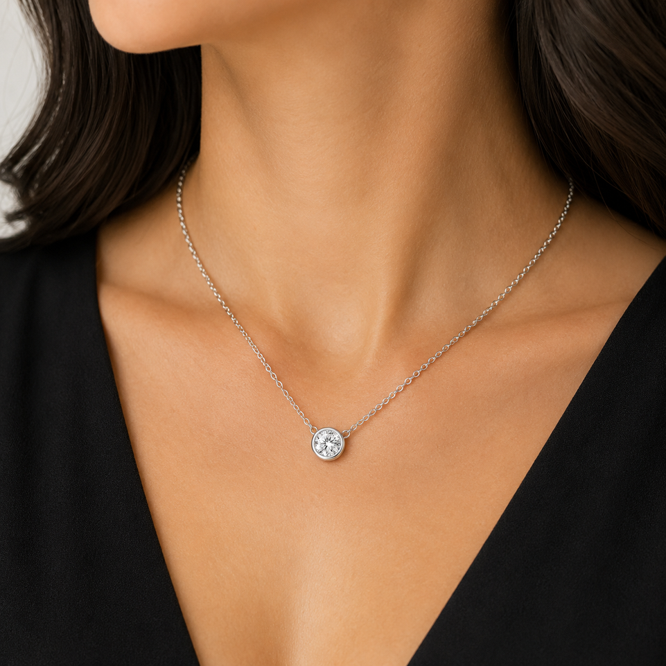 Platinum Solitaire Diamond Pendant Necklace GIA Certificate Low Bezel Set 0.50 Carat Certified Handmade 