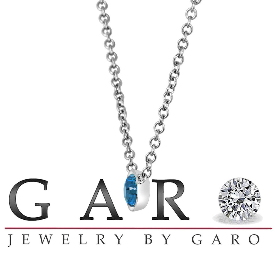 0.50 Carat Blue Diamond Solitaire Pendant Necklace 14K White Gold Low Bezel Set Certified Handmade