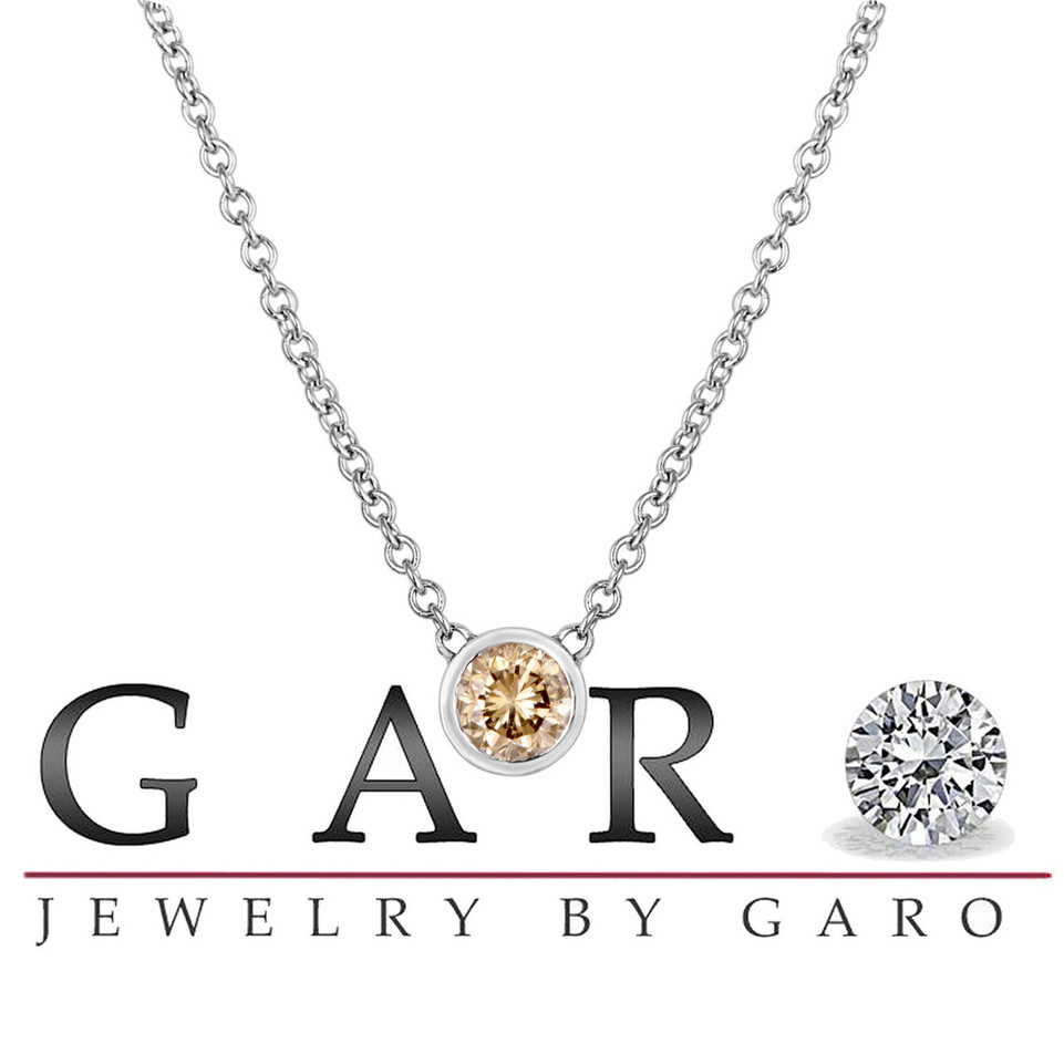 Champagne Diamond Solitaire Pendant Necklace – 0.50 Carat Low Bezel Set 14K White Gold Handmade Certified