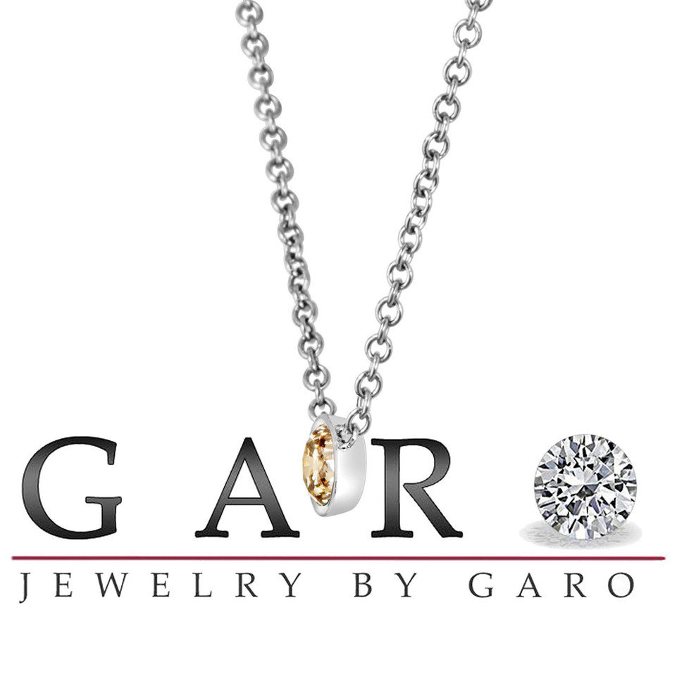 Champagne Diamond By The Yard Solitaire Pendant Necklace – 0.50 Carat Low Bezel Set 14K White Gold Handmade Certified