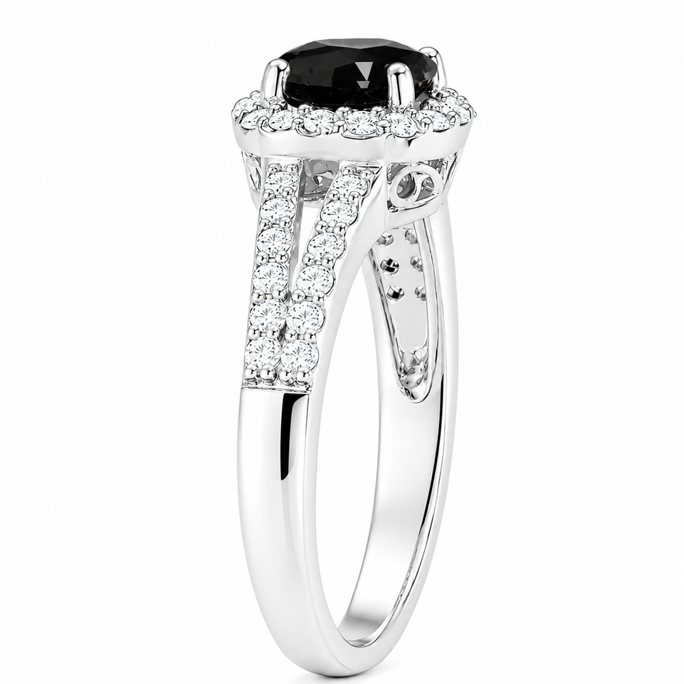 Black Diamond Halo Engagement Ring 1.41 Carat 14K White Gold Or Yellow Gold Certified Handmade 