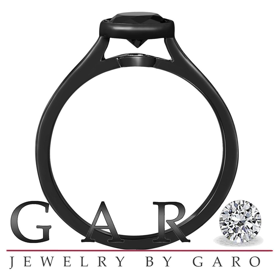 Vintage 14K Black Gold Black Diamond Solitaire Engagement Ring 0.55 Carat handmade Bezel Set