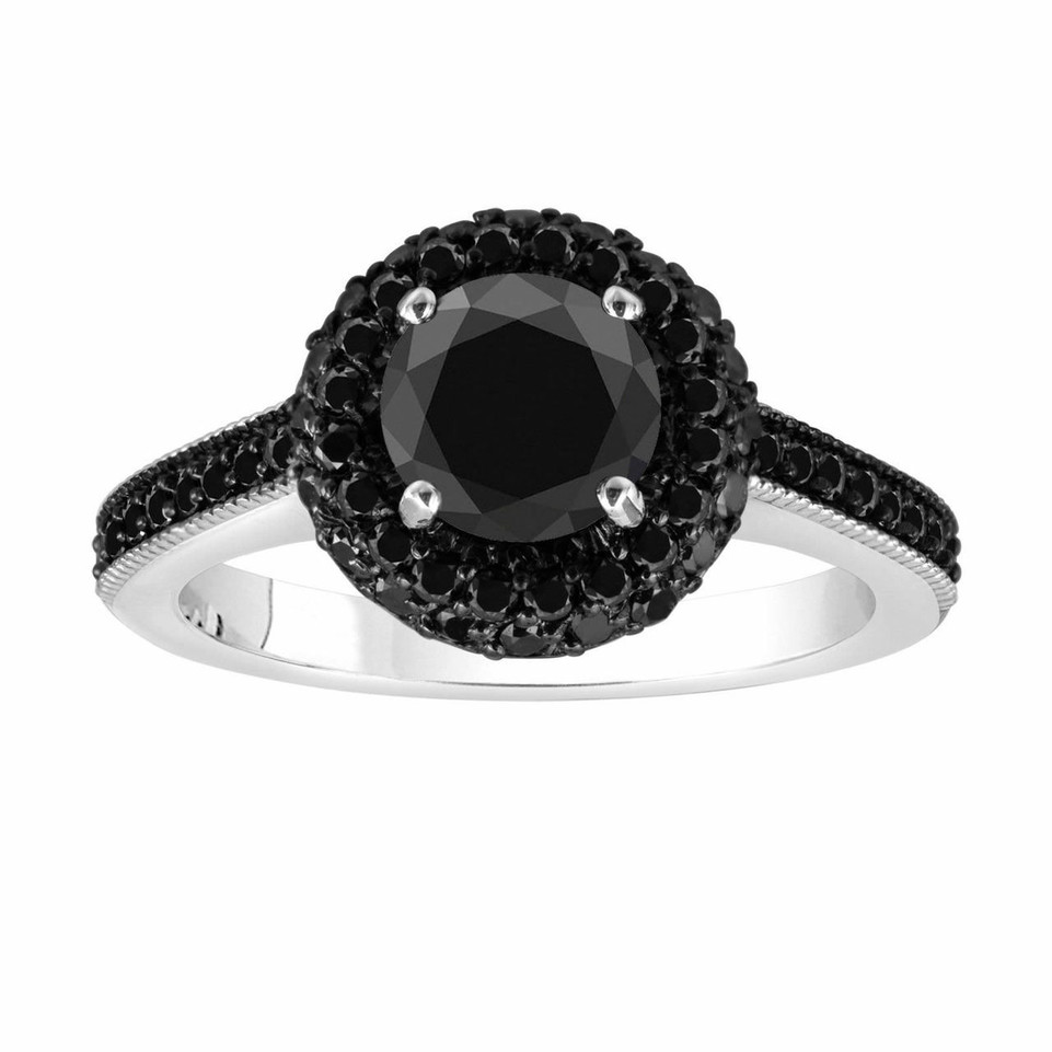 Black Diamond Double Halo Engagement Ring 14K White Gold 1.78 Carat Unique 