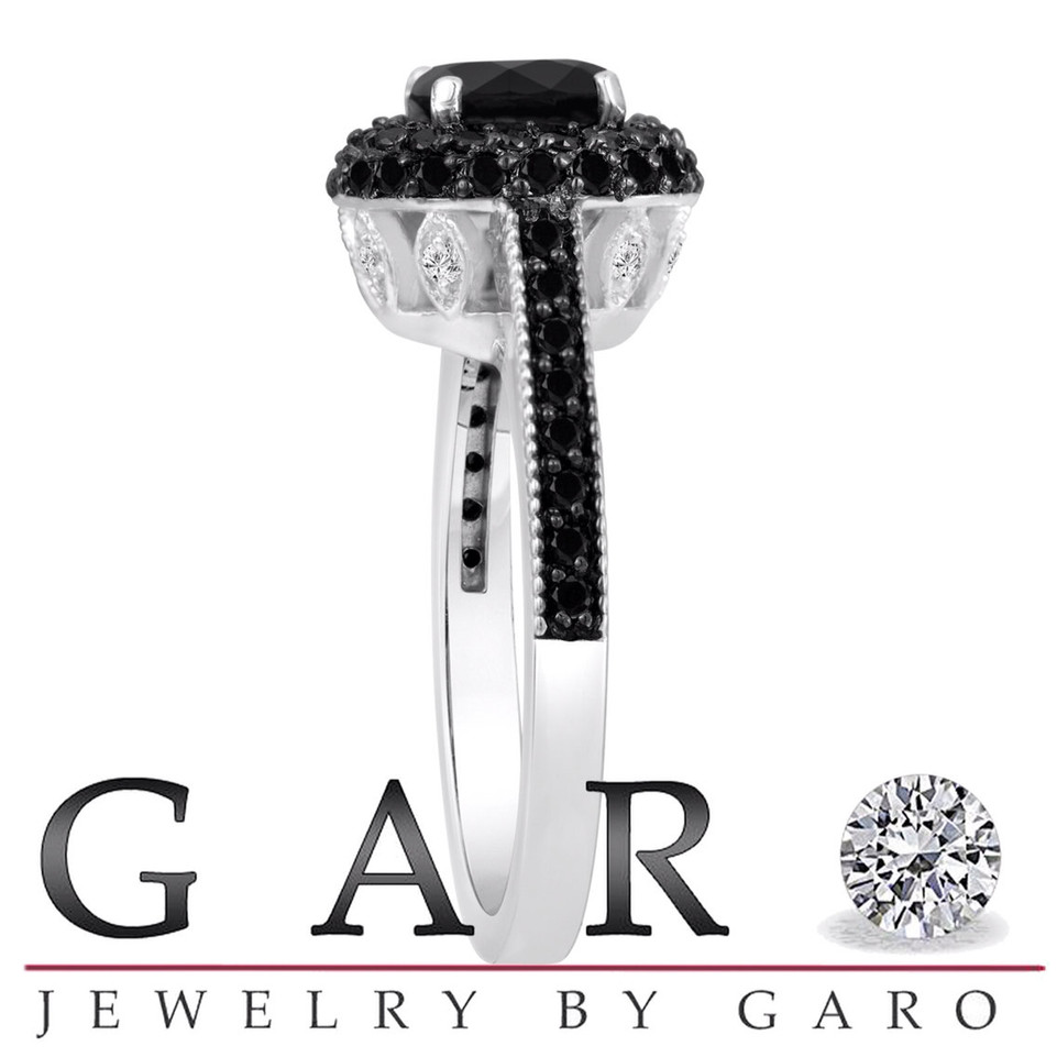Black Diamond Double Halo Engagement Ring 14K White Gold 1.78 Carat Unique 