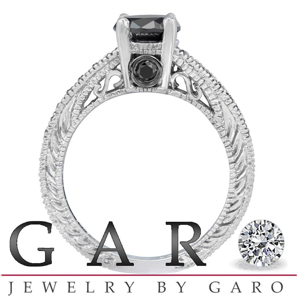 Fancy Black Diamond Engagement Ring 14K White Gold 0.79 Carat Antique Vintage Style Engraved Pave Set HandMade Certified