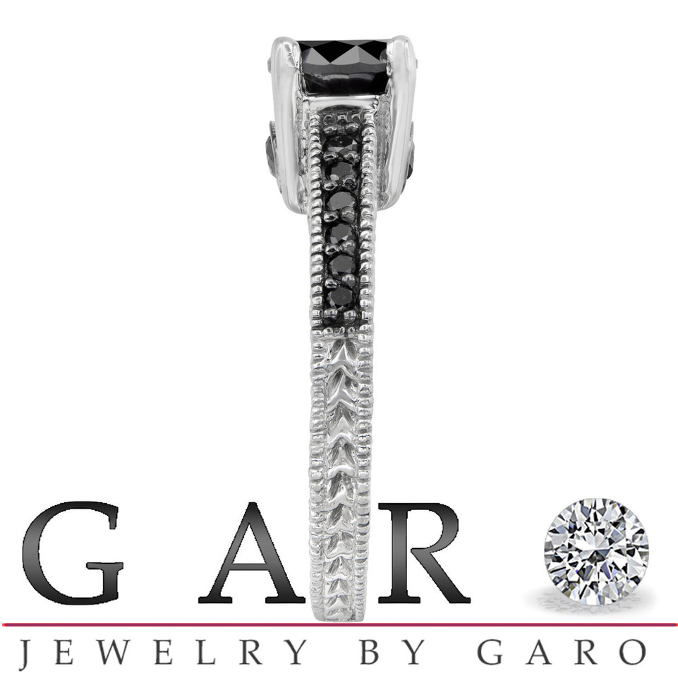 Fancy Black Diamond Engagement Ring 14K White Gold 0.79 Carat Antique Vintage Style Engraved Pave Set HandMade Certified