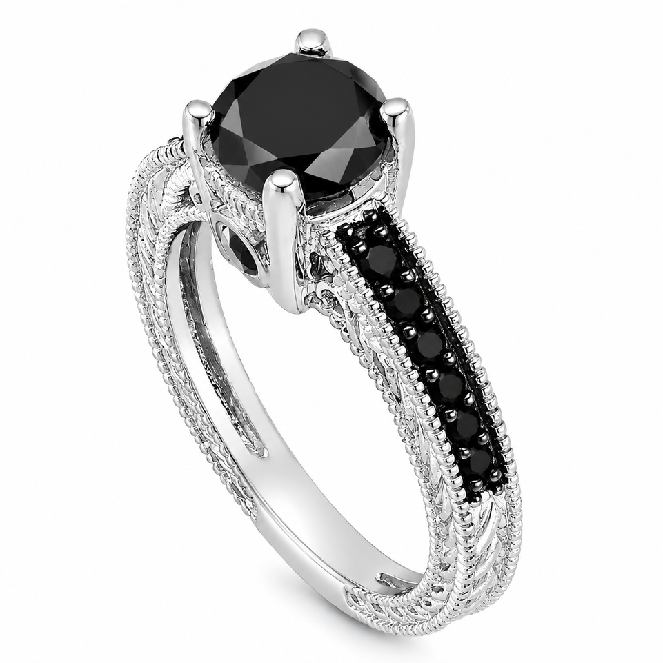 1.35 Carat Black Diamond Engagement Ring 14K White Gold  Unique Handmade Certified