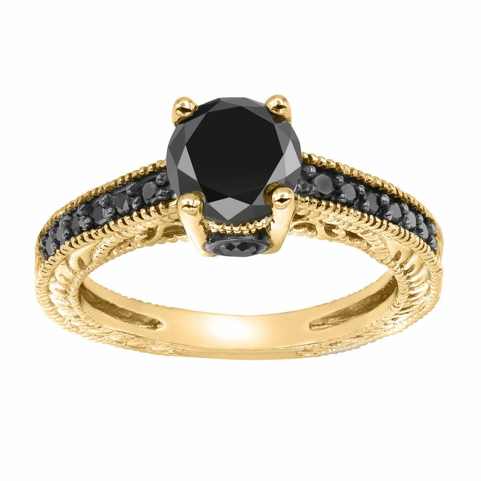 Black Diamond Filigree Engagement Ring 14K Yellow Gold 0.86 Carat Handmade Certified