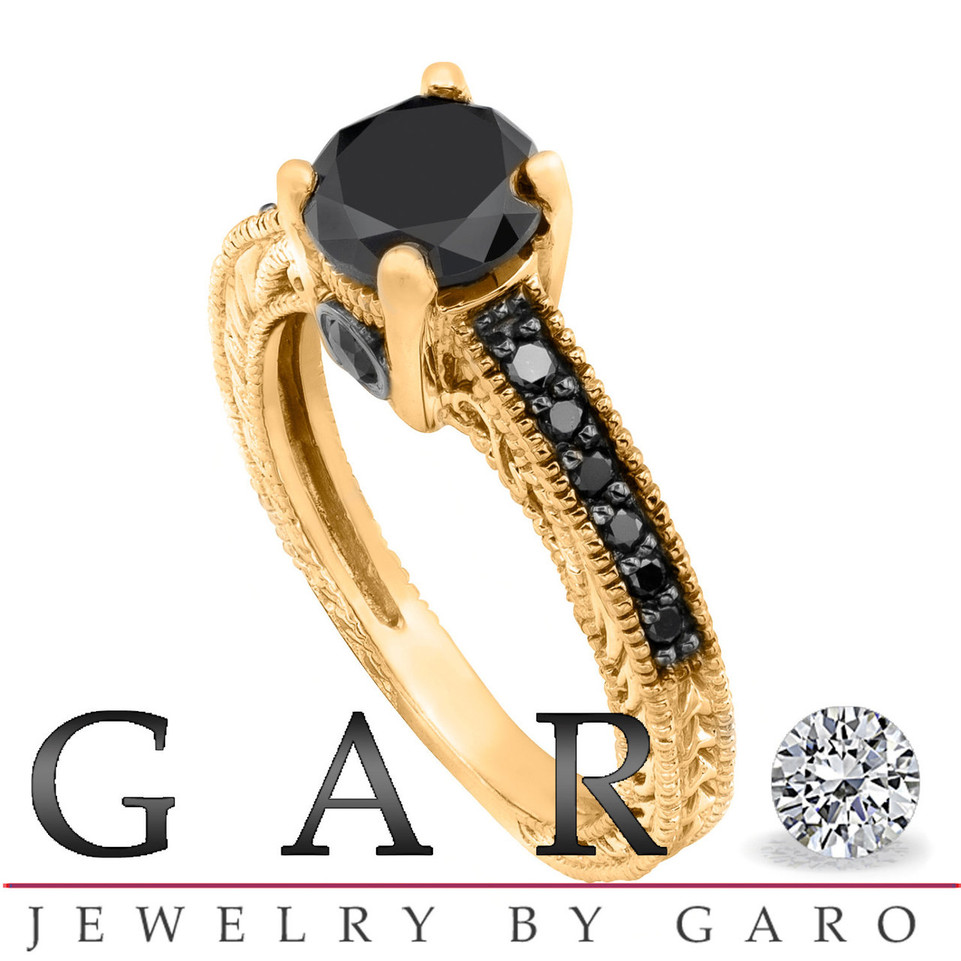 Black Diamond Filigree Engagement Ring 14K Yellow Gold 0.86 Carat Handmade Certified
