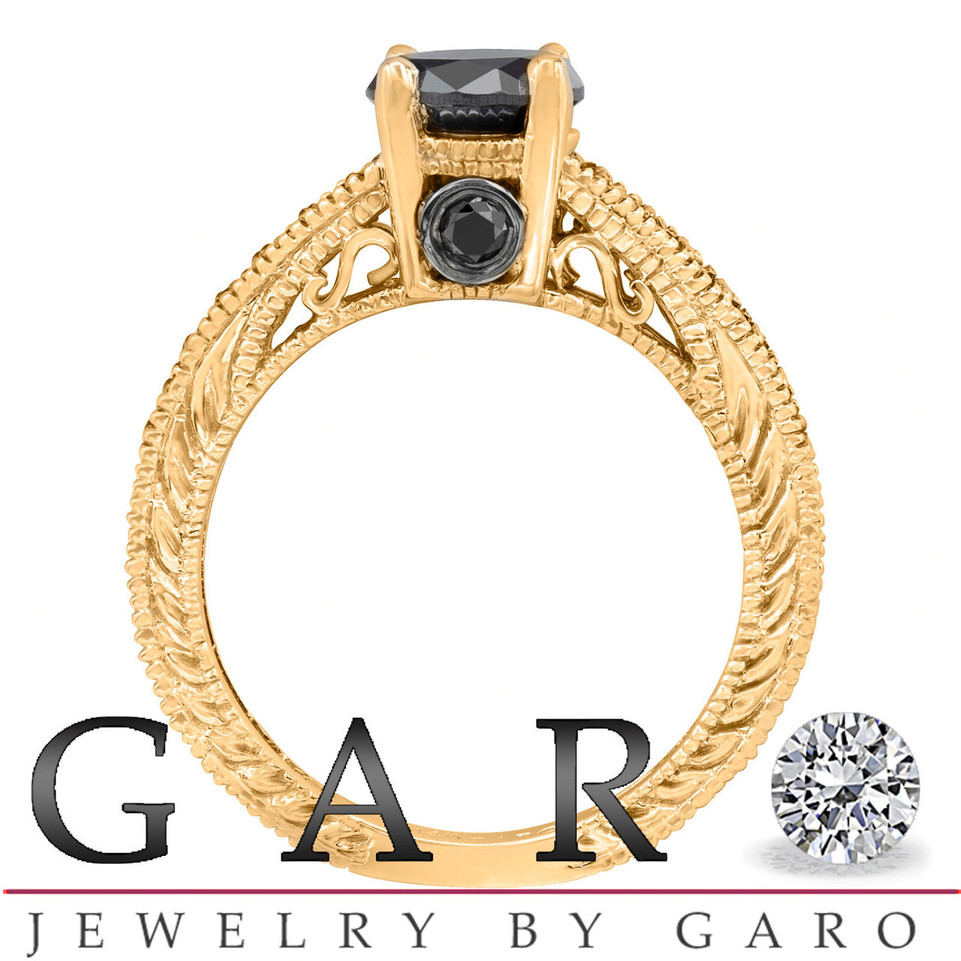 Black Diamond Engagement Ring 18K Yellow Gold 1.35 Carat Antique Vintage Style Engraved HandMade Certified
