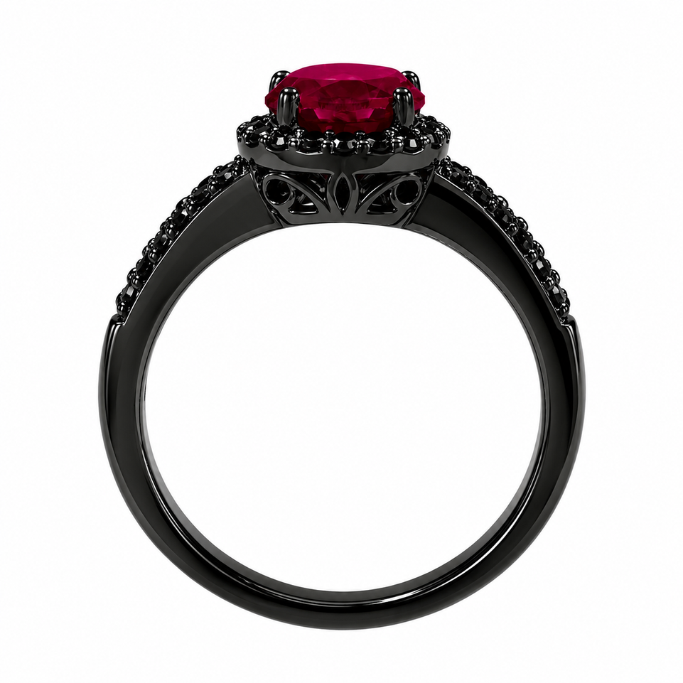 Ruby & Black Diamond Halo Engagement Ring Vintage Style 14k Black Gold 1.03 Carat Bridal Unique Handmade 