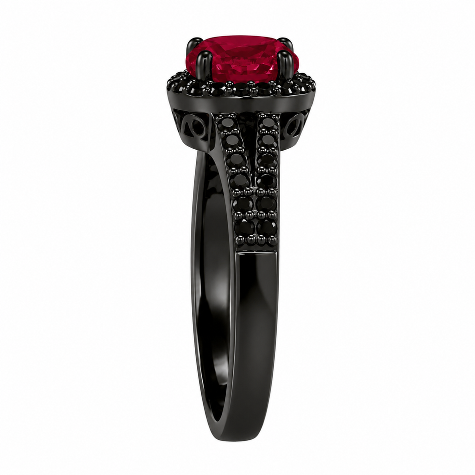 Ruby & Black Diamond Halo Engagement Ring Vintage Style 14k Black Gold 1.03 Carat Bridal Unique Handmade 
