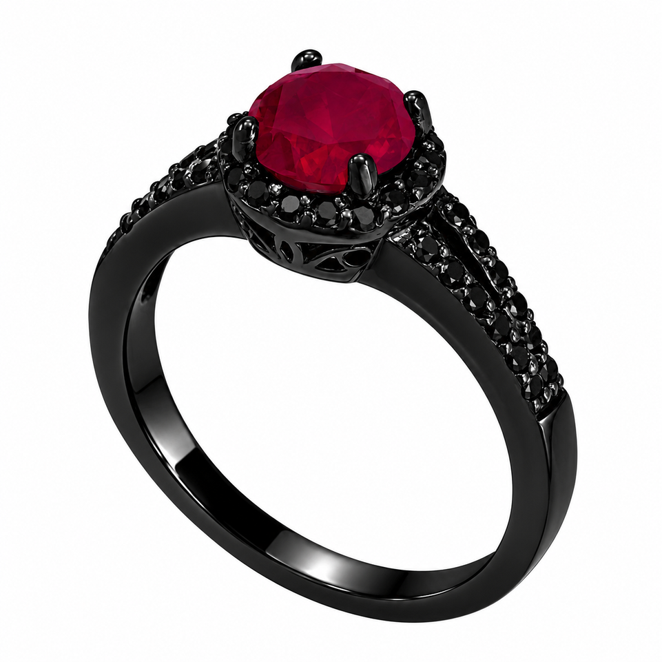 Ruby & Black Diamond Halo Engagement Ring Vintage Style 14k Black Gold 1.03 Carat Bridal Unique Handmade 