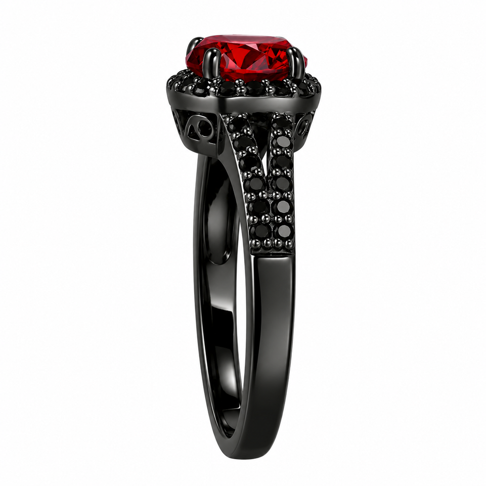Garnet Halo Engagement Ring 14K Black Gold 1.45 Carat Vintage Style Handmade January Birthstone Ring