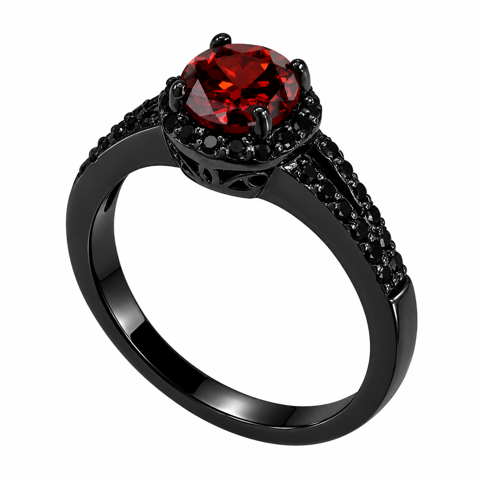 Garnet Halo Engagement Ring 14K Black Gold 1.45 Carat Vintage Style Handmade January Birthstone Ring