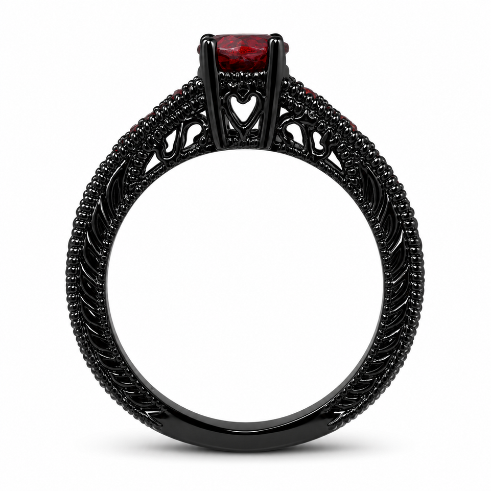 Red Garnet Engagement Ring Vintage Style 14K Black Gold 0.65 Carat Certified Pave Set Birthstone Antique Style Engraved Handmade