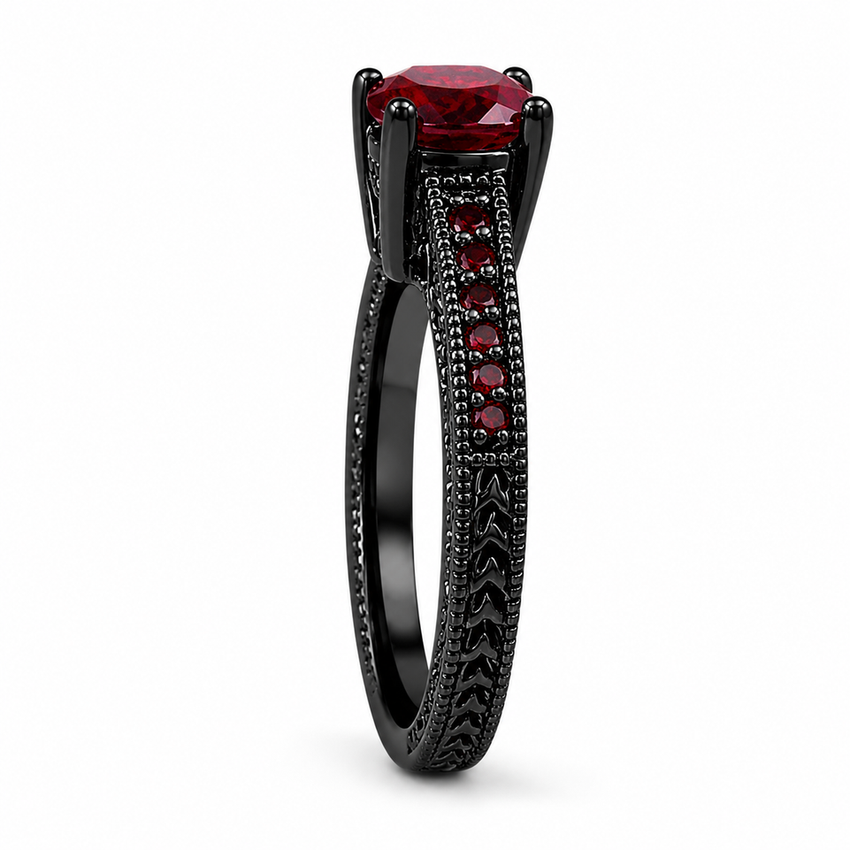 Red Garnet Engagement Ring Vintage Style 14K Black Gold 0.65 Carat Certified Pave Set Birthstone Antique Style Engraved Handmade