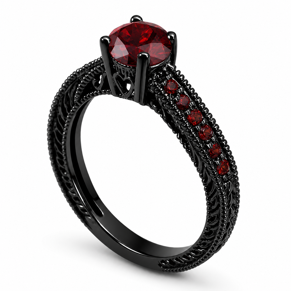 Red Garnet Engagement Ring Vintage Style 14K Black Gold 0.65 Carat Certified Pave Set Birthstone Antique Style Engraved Handmade