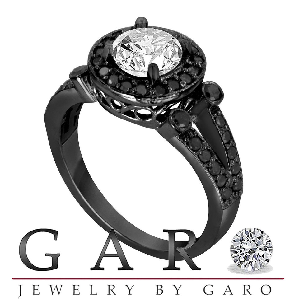 Fancy Black and White Diamonds Engagement Ring Engagement Ring Vintage Style 14k Black Gold 1.52 Carat GIA Certified Unique Halo Pave Handmade Fancy Black and White Diamonds Engagement Ring Engagement Ring Vintage Style 14k Black Gold 1.52 Carat GIA Certified Unique Halo Pave Handmade