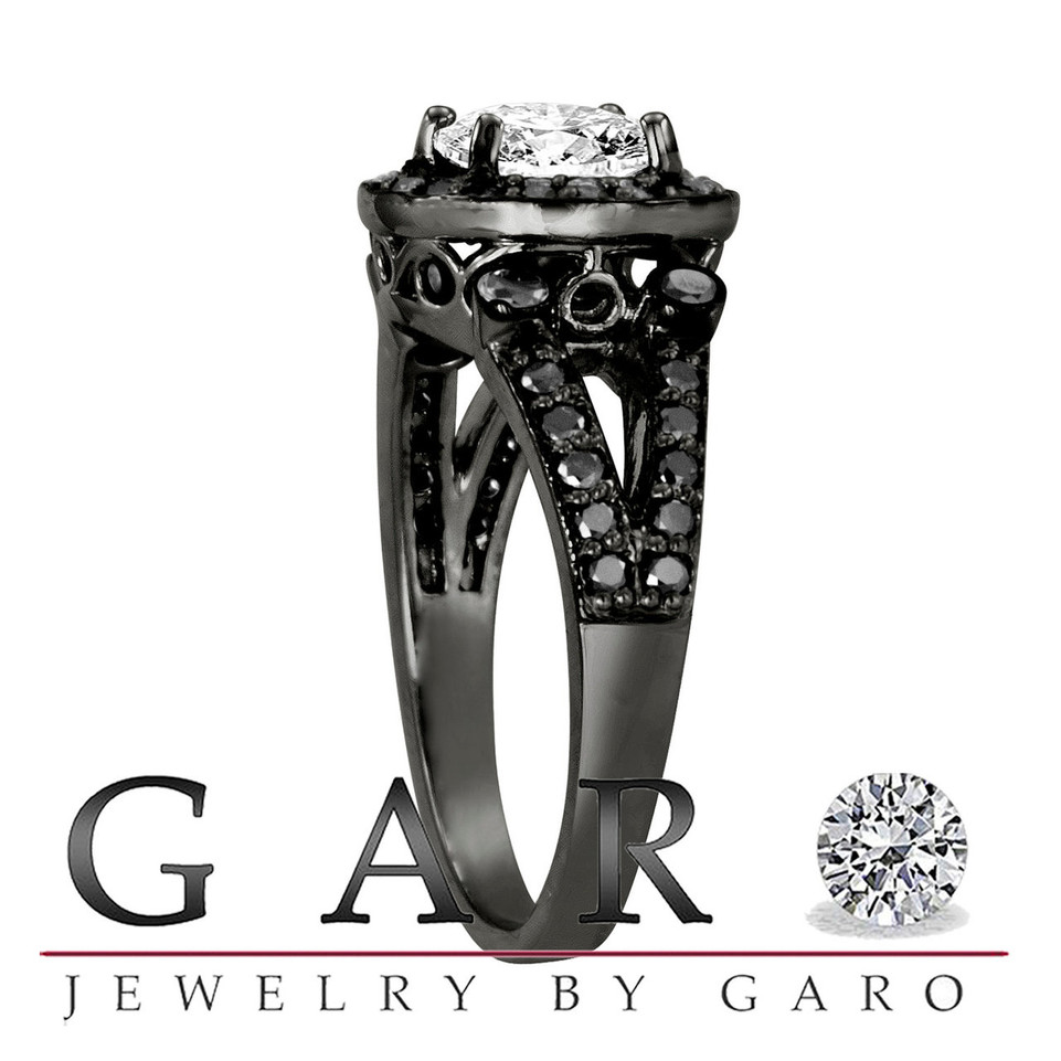 Fancy Black and White Diamonds Engagement Ring Engagement Ring Vintage Style 14k Black Gold 1.52 Carat GIA Certified Unique Halo Pave Handmade Fancy Black and White Diamonds Engagement Ring Engagement Ring Vintage Style 14k Black Gold 1.52 Carat GIA Certified Unique Halo Pave Handmade