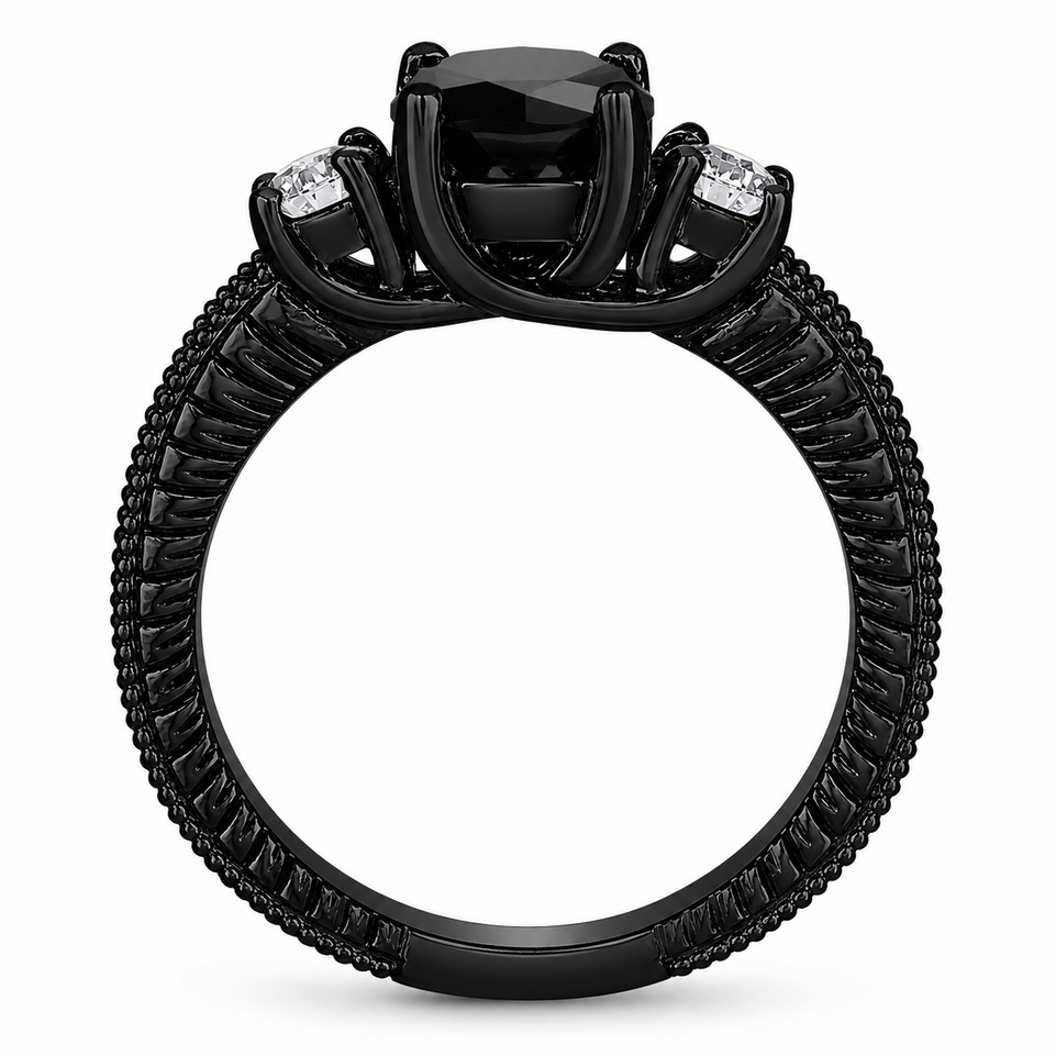Black Diamond Three Stone Engagement Ring 1.42 Carat 14K Black Gold Vintage Style Handmade Certified 