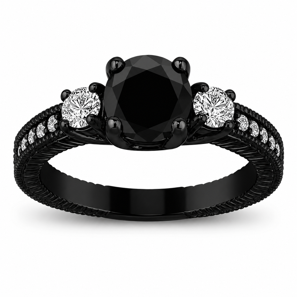 Black Diamond Three Stone Engagement Ring 1.42 Carat 14K Black Gold Vintage Style Handmade Certified 