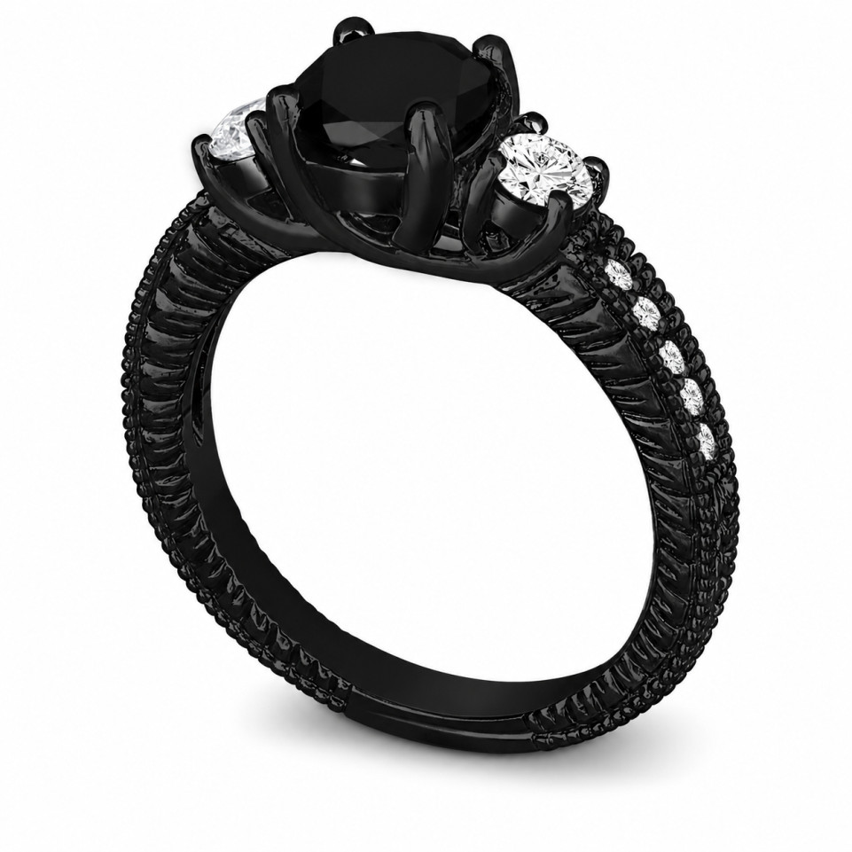 Black Diamond Three Stone Engagement Ring 1.42 Carat 14K Black Gold Vintage Style Handmade Certified 