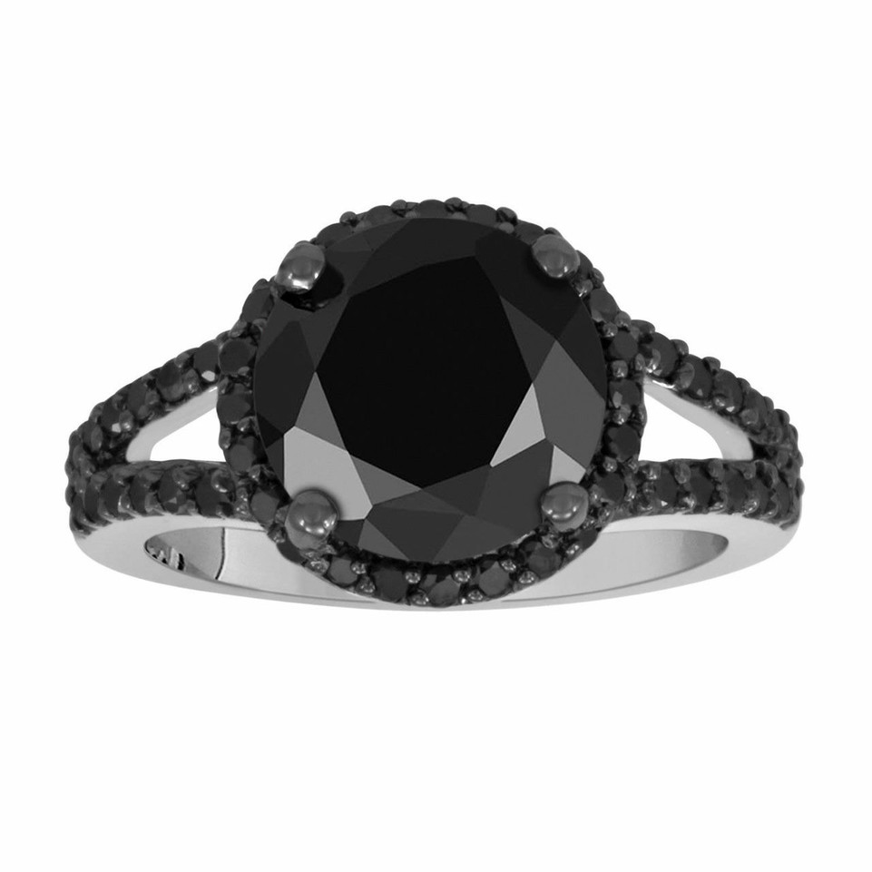 Huge Fancy Black Diamond Engagement Ring 14K White Gold 4.78 Carat Halo Handmade Pave Set Certified