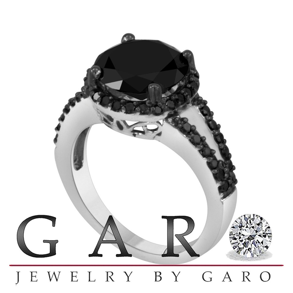Huge Fancy Black Diamond Engagement Ring 14K White Gold 4.78 Carat Halo Handmade Pave Set Certified
