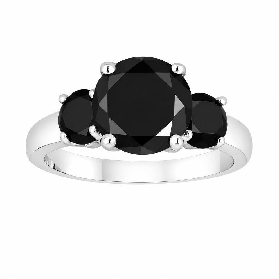 Black Diamond Three-Stone Engagement Ring 14K White Gold, Yellow Gold Or Rose Gold 2.90 Carat Certified Unique Handmade