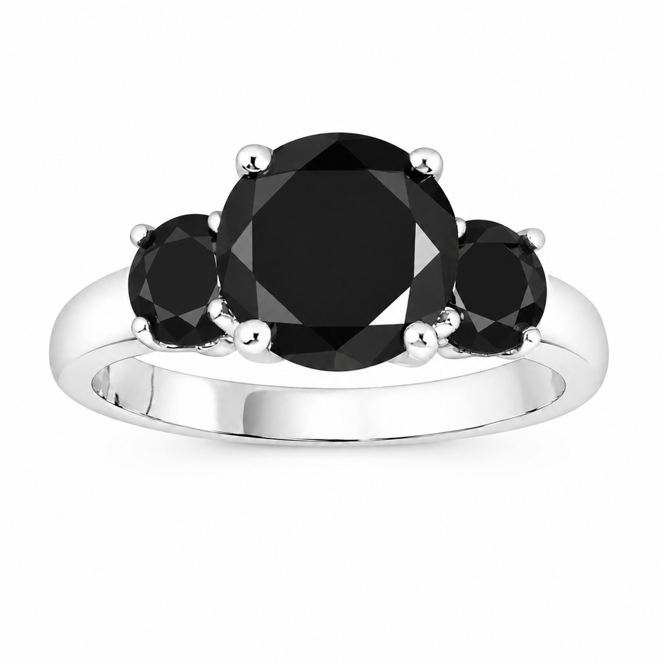 Platinum Black Diamond Three-Stone Engagement Ring 2.90 Carat Unique Certified Handmade