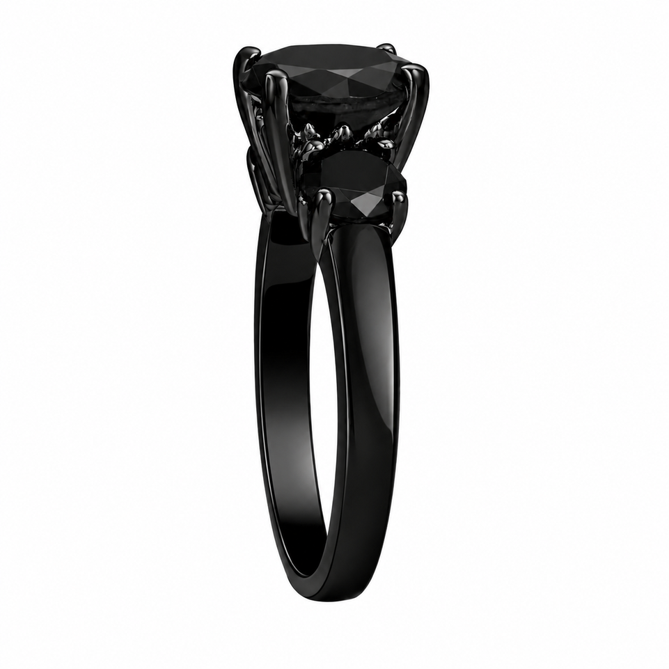 Black Diamond Three-Stone Engagement Ring 2.90 Carat 14K Black Gold Vintage Style Unique Certified Handmade