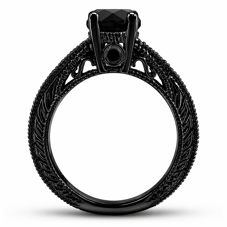Black Diamond Filigree Engagement Ring 1.37 Carat 14K Black Gold Certified Handmade