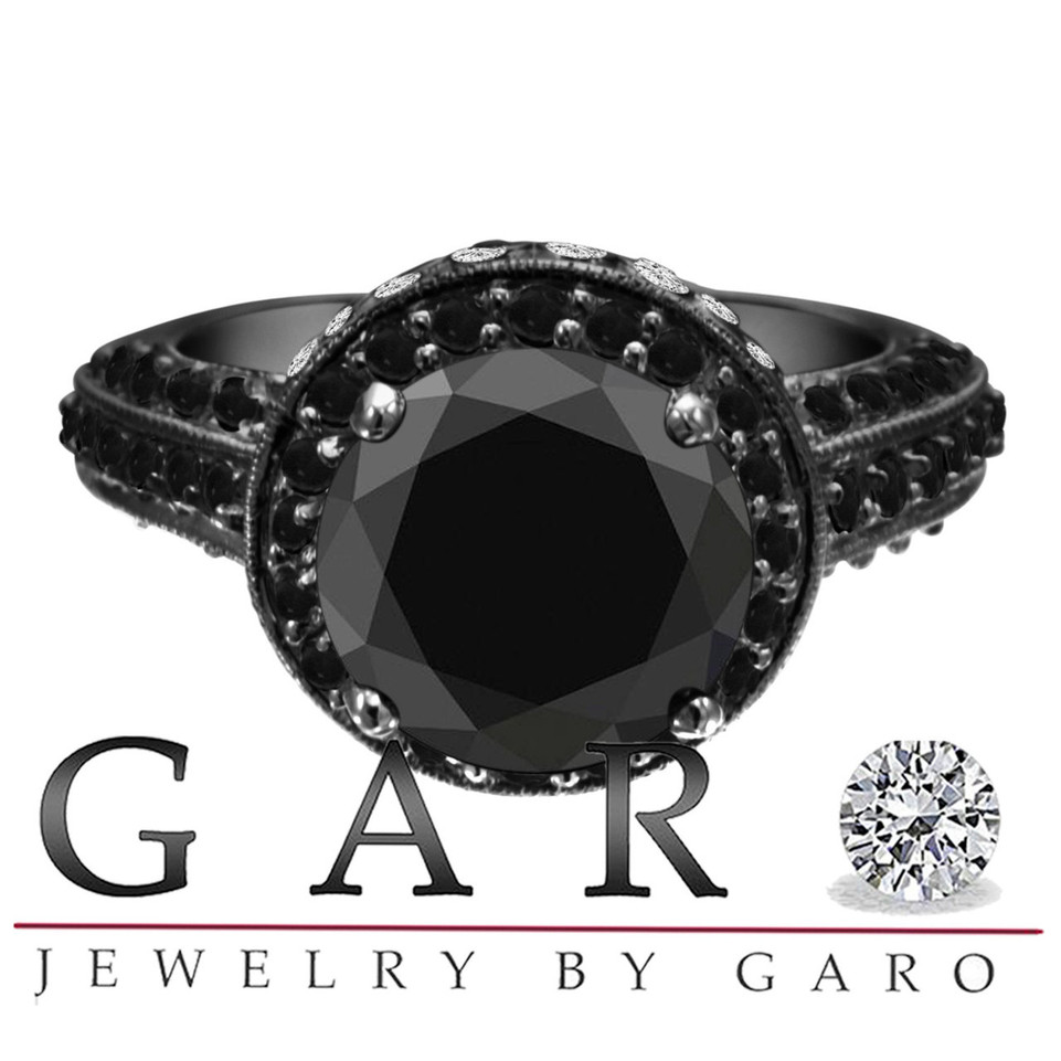 6.14 Carat Huge Fancy Black & White Diamond Engagement Ring Vintage Style 14k Black Gold handmade