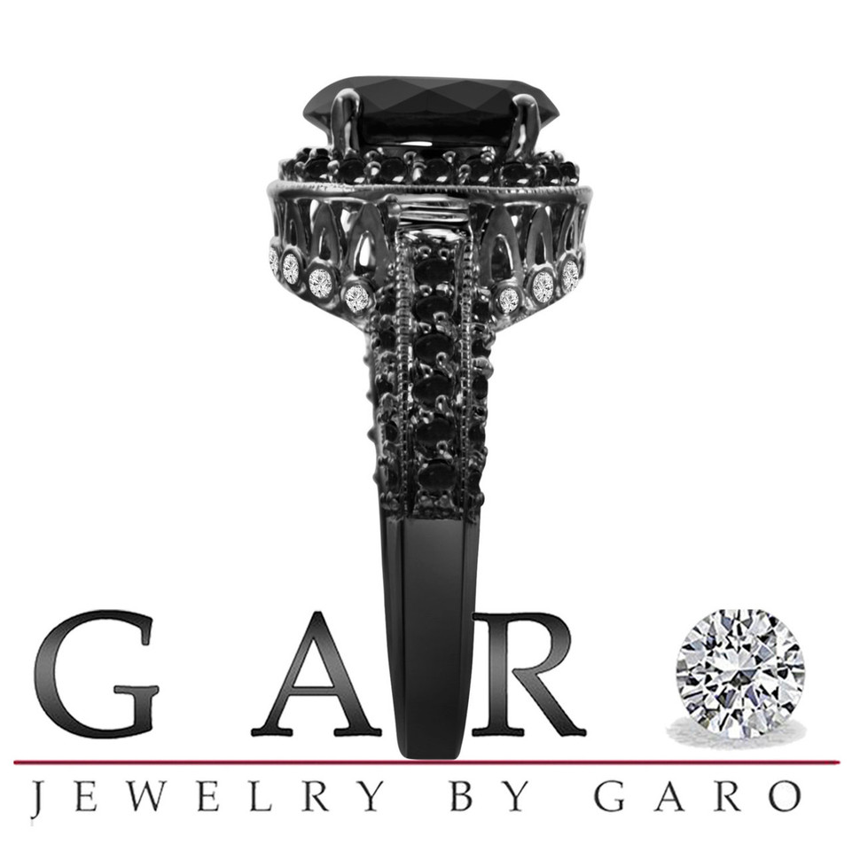 6.14 Carat Huge Fancy Black & White Diamond Engagement Ring Vintage Style 14k Black Gold handmade