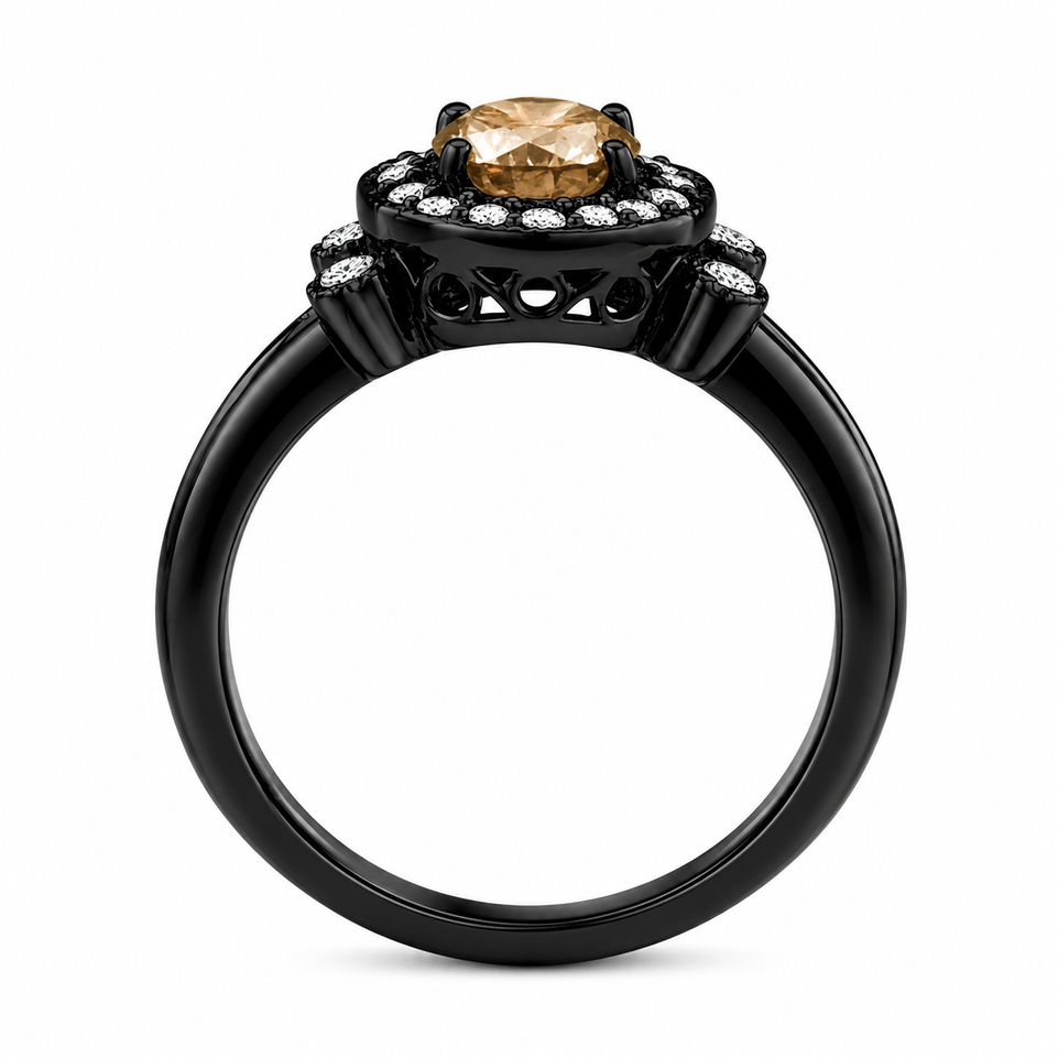 Champagne Diamond Halo Engagement Ring 1.03 Carat Vintage Style 14K Black Gold Unique Certified Handmade
