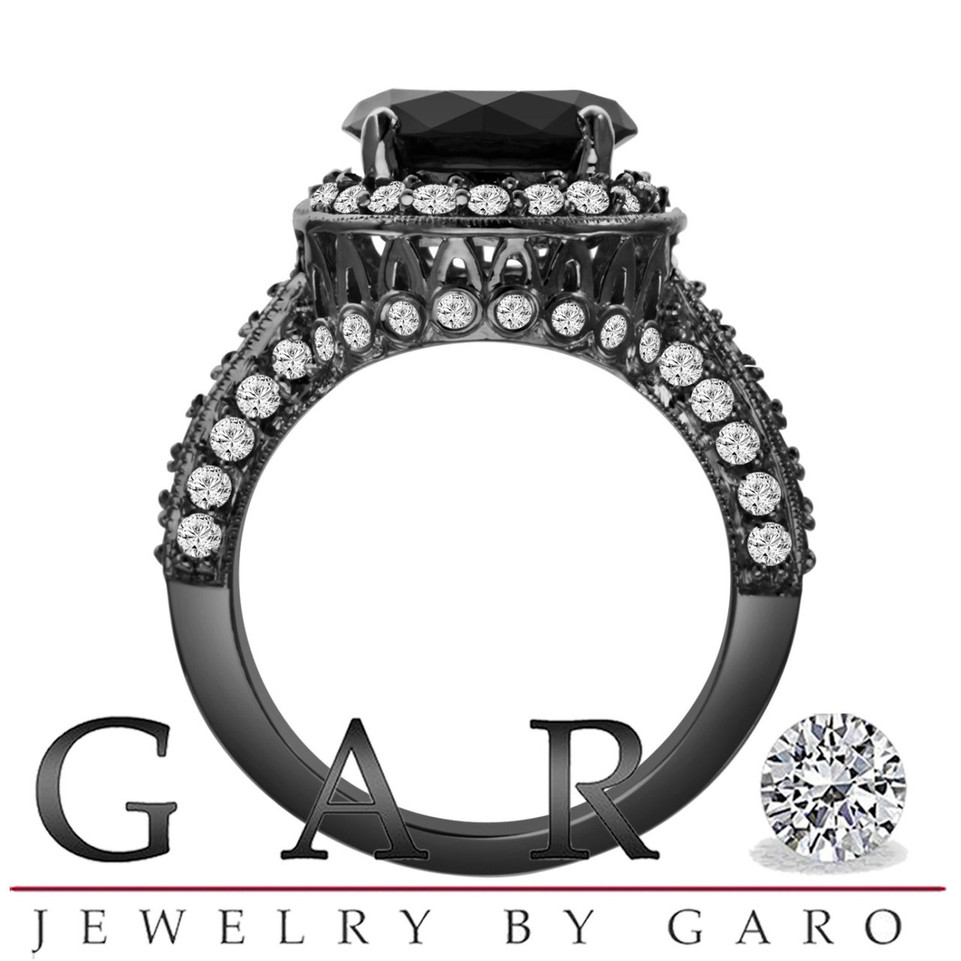 Huge 5.18 Carat Black Diamond Engagement Ring Vintage Style 14K Black Gold Certified Handmade