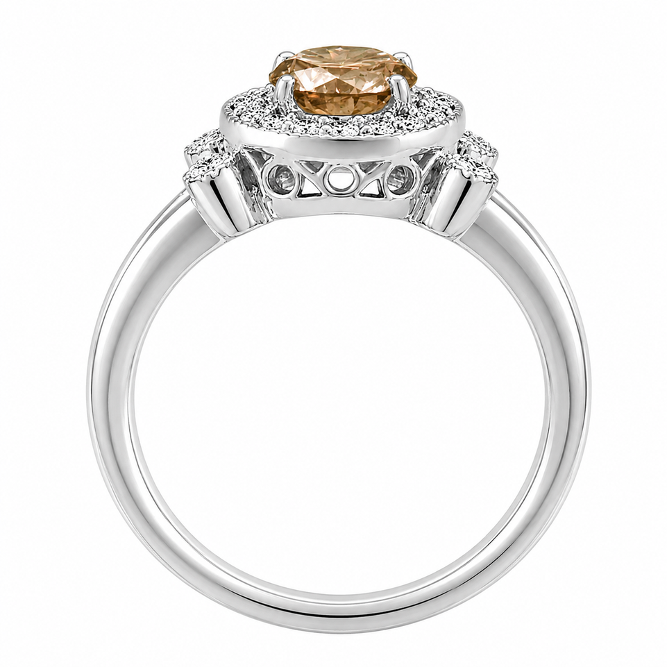 Champagne Brown Diamond Halo Engagement Ring 1.05 Carat 14K White Gold Unique Certified Handmade