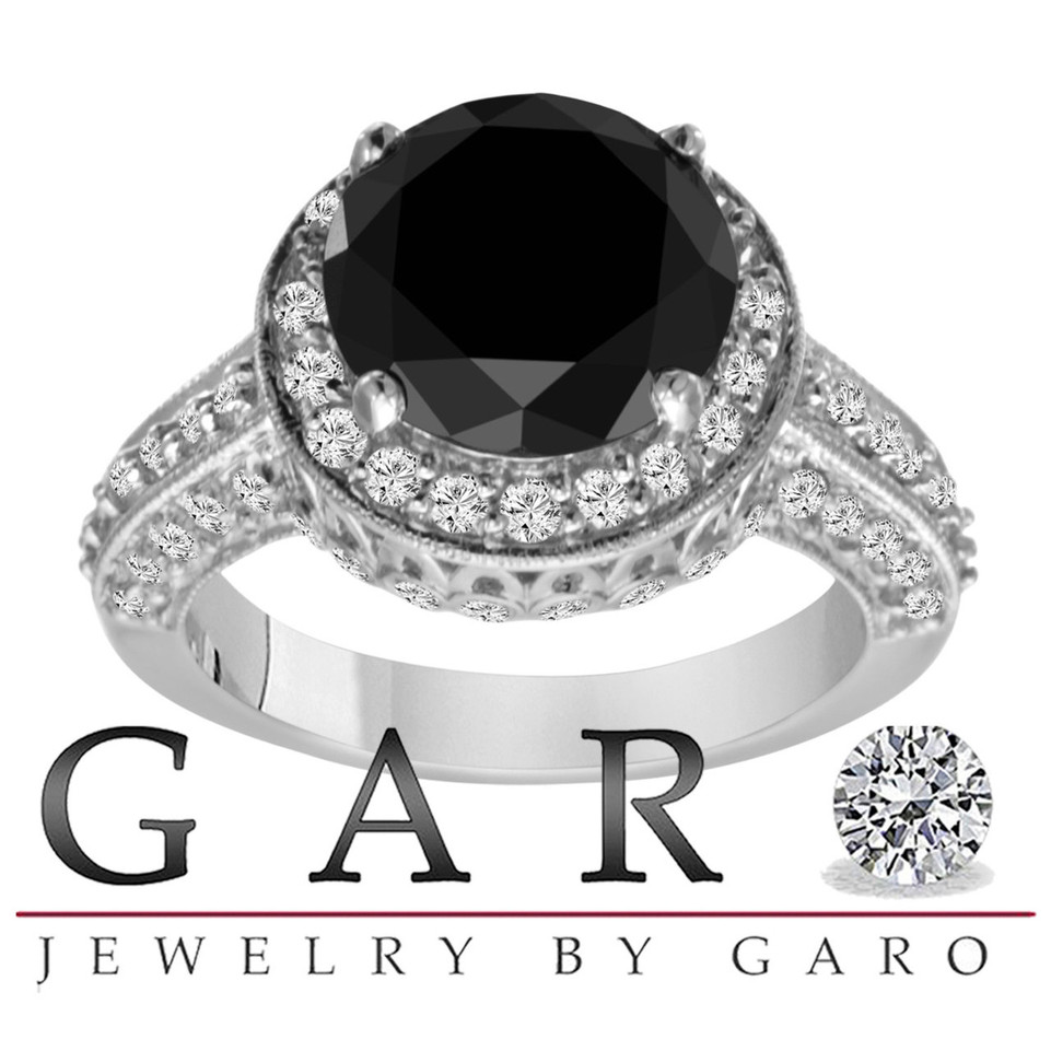 5.44 Carat Black Diamond Engagement Ring 14K White Gold Unique Certified Handmade 