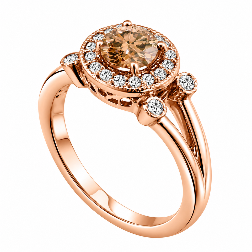 Champagne Diamond Engagement Ring 14K Rose Gold 1.03 Carat Unique Halo Certified Handmade