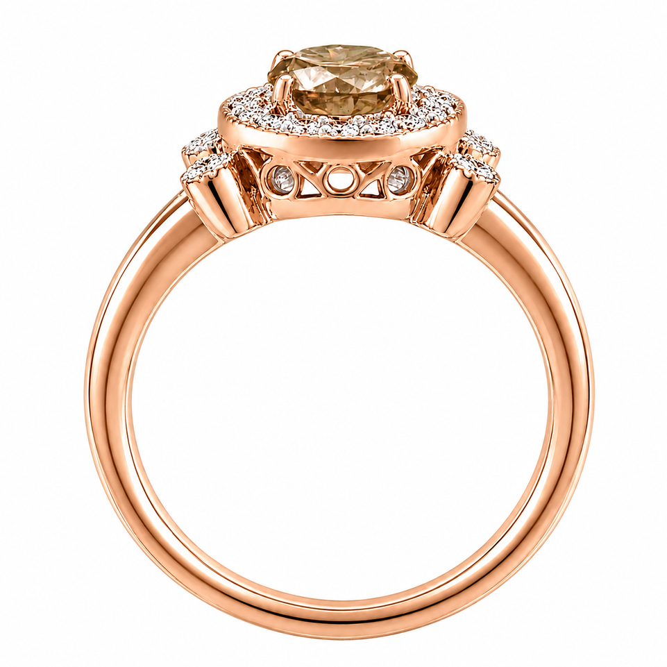 Champagne Diamond Engagement Ring 14K Rose Gold 1.03 Carat Unique Halo Certified Handmade