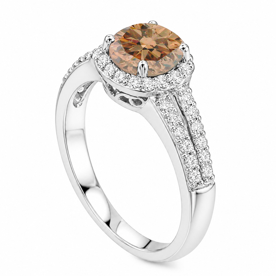 Platinum Natural Champagne Diamond Halo Engagement Ring 1.35 Carat Split Shank Filigree Gallery Handmade