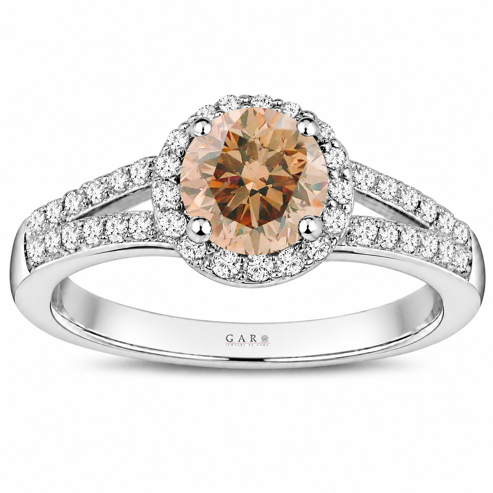 Platinum Natural Champagne Diamond Halo Engagement Ring 1.35 Carat Split Shank Filigree Gallery Handmade
