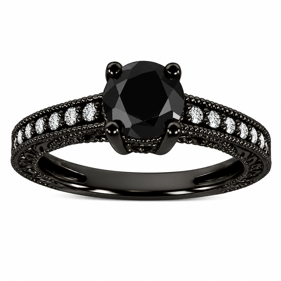 1.35 Carat Black Diamond Unique Engagement Ring Vintage Style Filigree Handmade 14K Black Gold Certified 