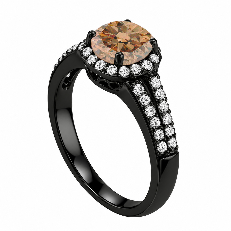 1.35 Carat Natural Champagne Diamond Halo Engagement Ring 14K Black Gold Vintage Style Split Shank Gallery Handmade