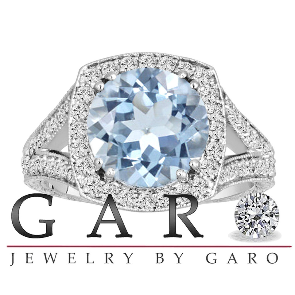 Platinum Aquamarine Engagement Ring 2.90 Carat Hand Engraved Certified Handmade